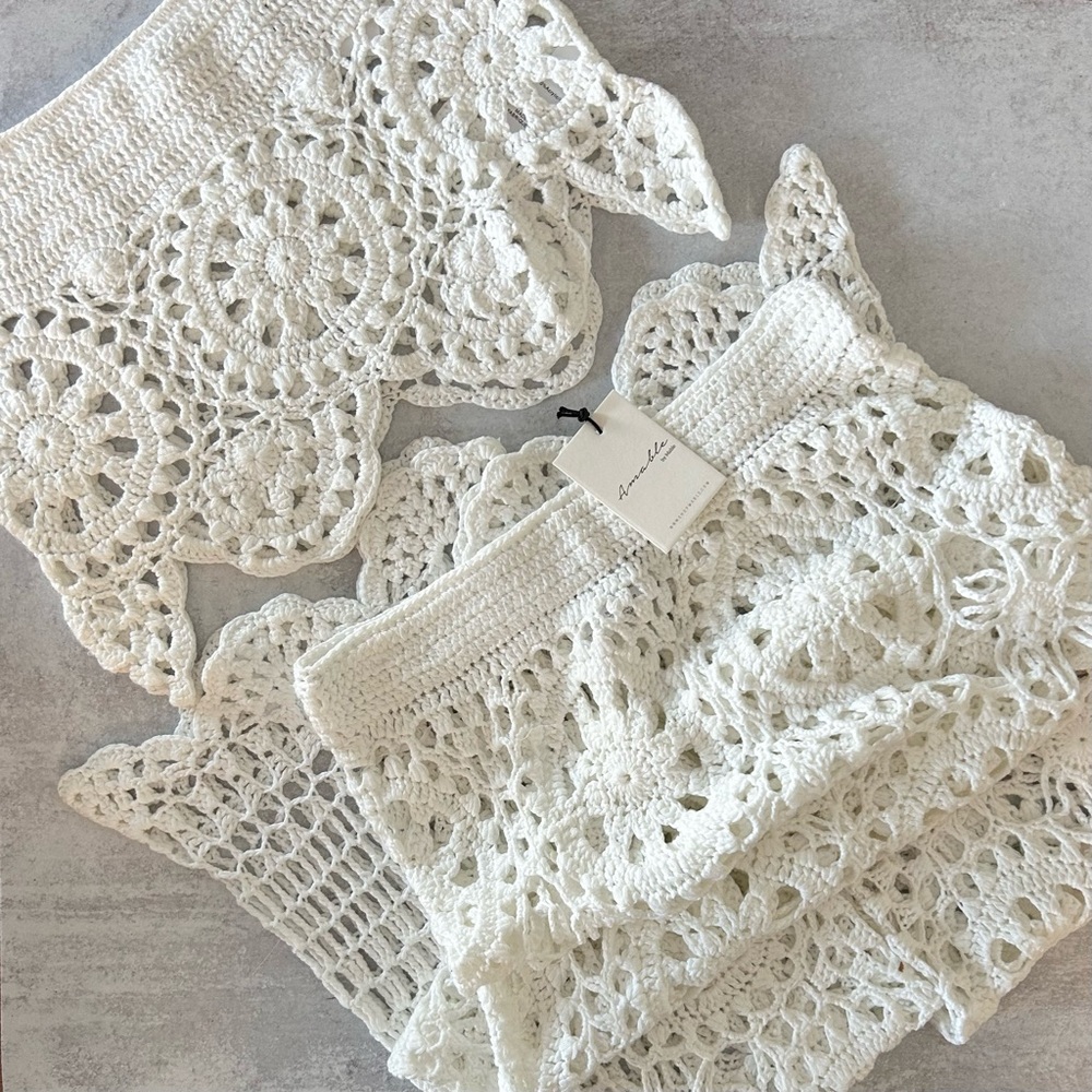 Crochet Knit 2-Piece Coverup Bandeau Top & Pant Set, White M NWT - Picture 7 of 10
